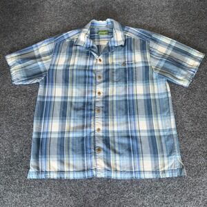 Tommy Bahama Silk Plaid Button Up Shirt‎ Mens Large Short Sleeve Blue Casual